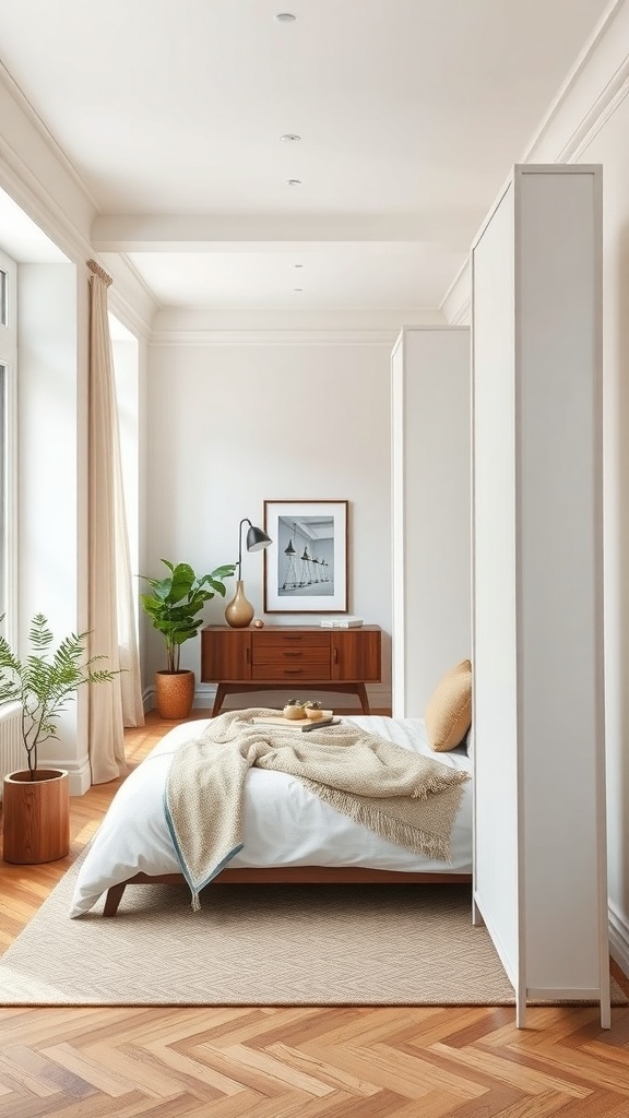 A cozy bedroom featuring a lightweight white room divider, a wooden dresser, and a potted plant, with natural light streaming through large windows.