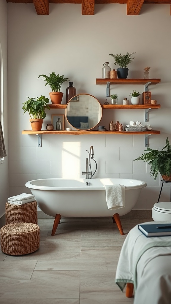 A rustic bathroom featuring live edge wood shelving with plants and decorative items.