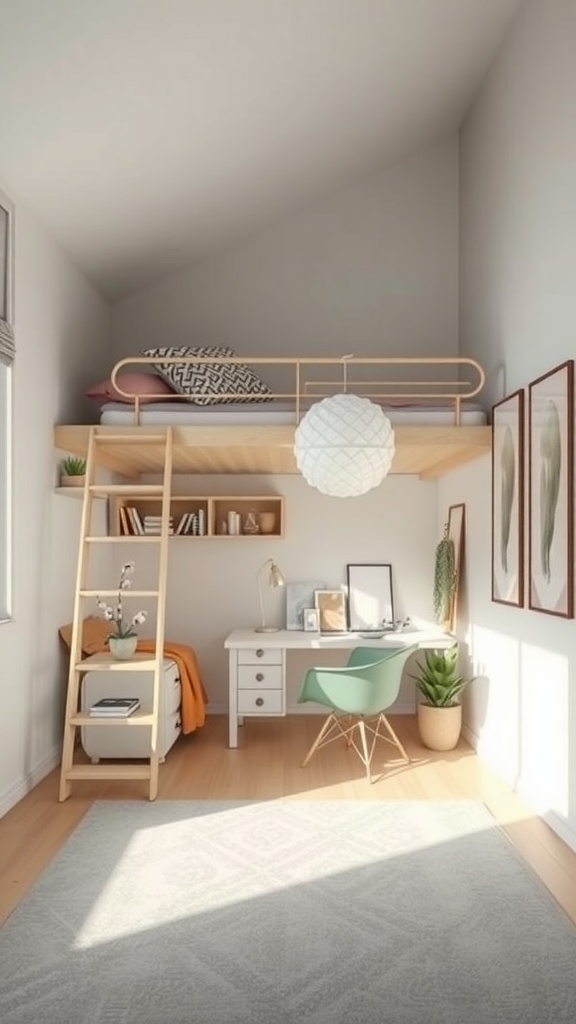 A cozy room featuring a loft bed with a workspace underneath, showcasing a stylish and functional design.