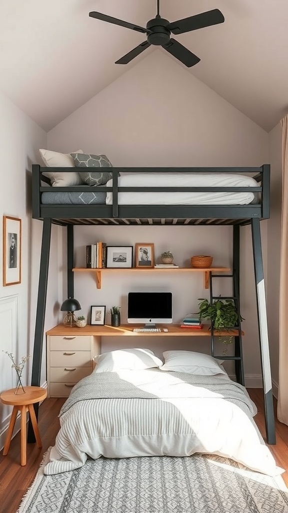 A cozy lofted bed design with a workspace underneath, featuring a desk and decorative elements.
