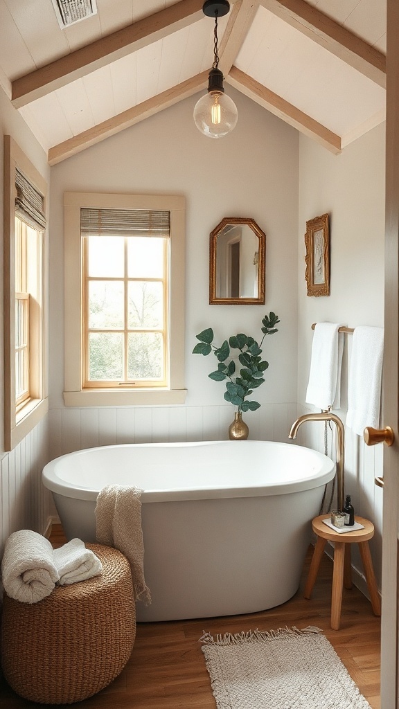 Luxurious tiny house bathroom featuring a freestanding tub and natural decor.