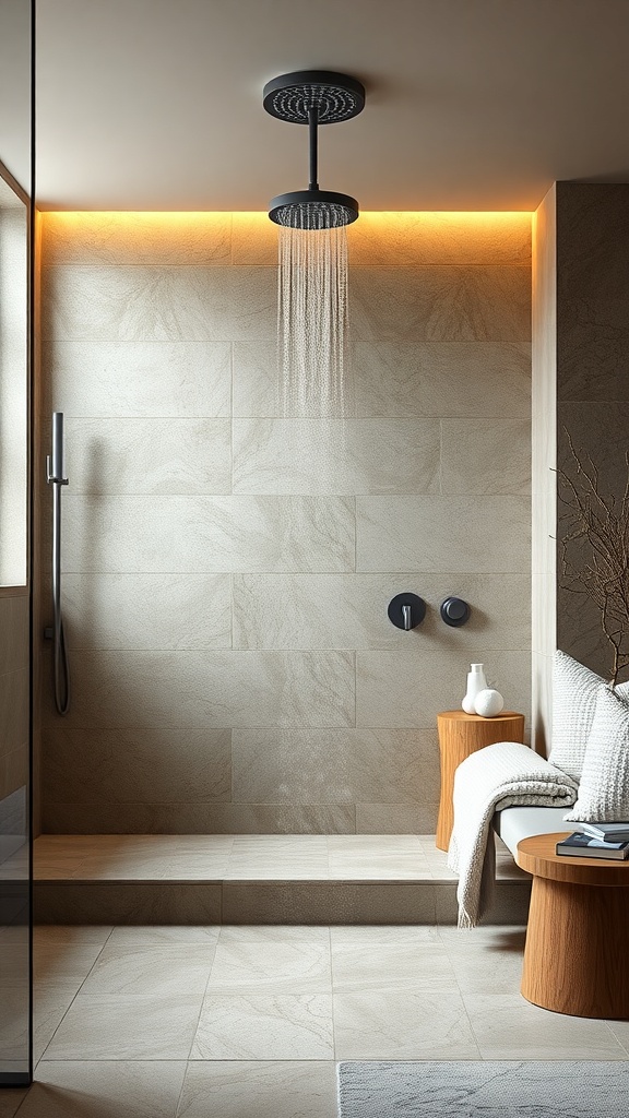 A modern shower room with a large overhead showerhead, warm lighting, and neutral-toned tiles.
