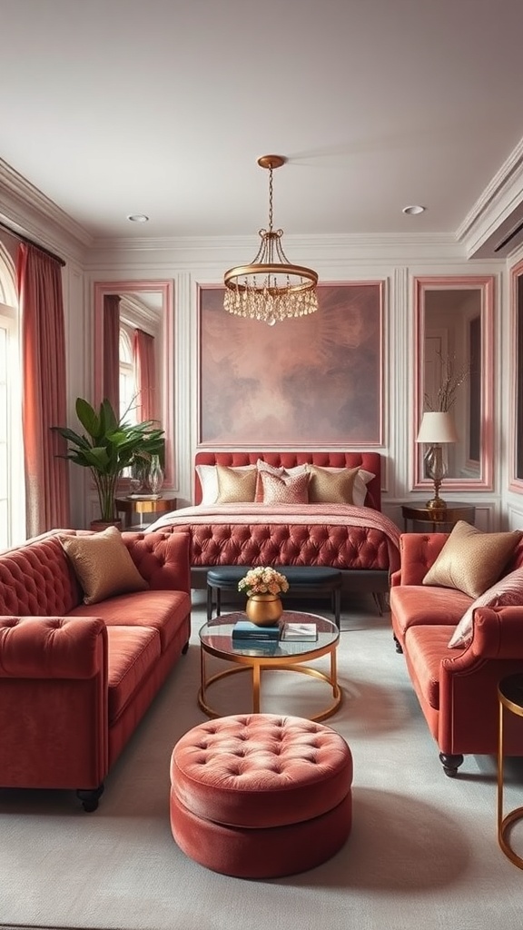 Luxurious glam room featuring velvet sofas, a golden coffee table, and elegant decor.
