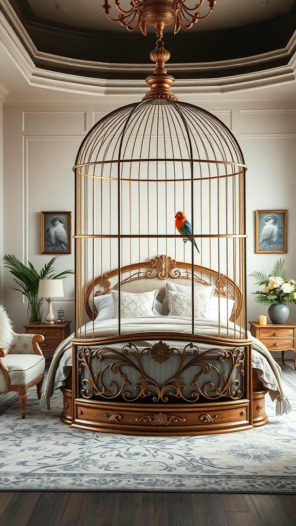 A luxurious bird cage with a colorful bird inside, set in an elegant bedroom.