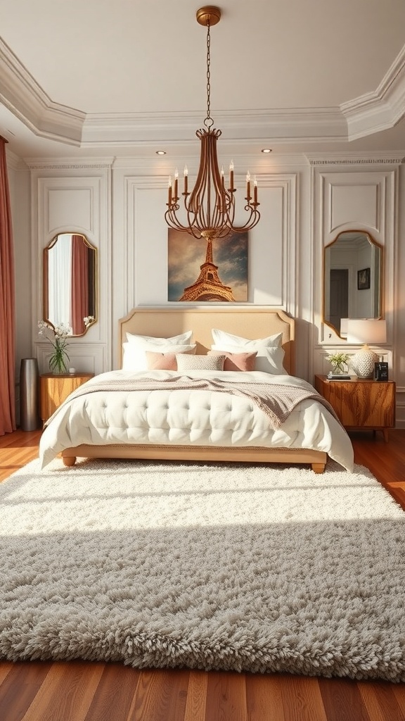 A luxurious shag rug in a stylish bedroom setting.