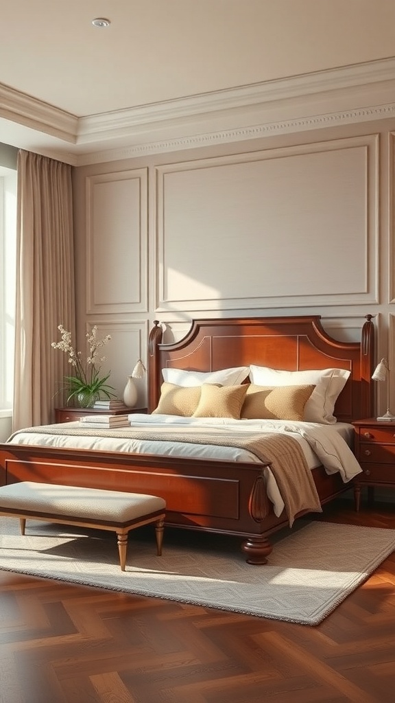 A luxurious sleigh bed in a beautifully decorated bedroom with warm wood tones and soft bedding.