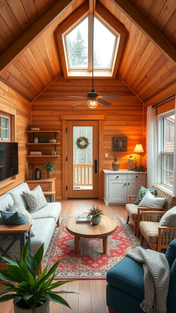 Cozy interior of a luxury tiny house featuring wooden walls, a beautiful ceiling, and inviting furniture.