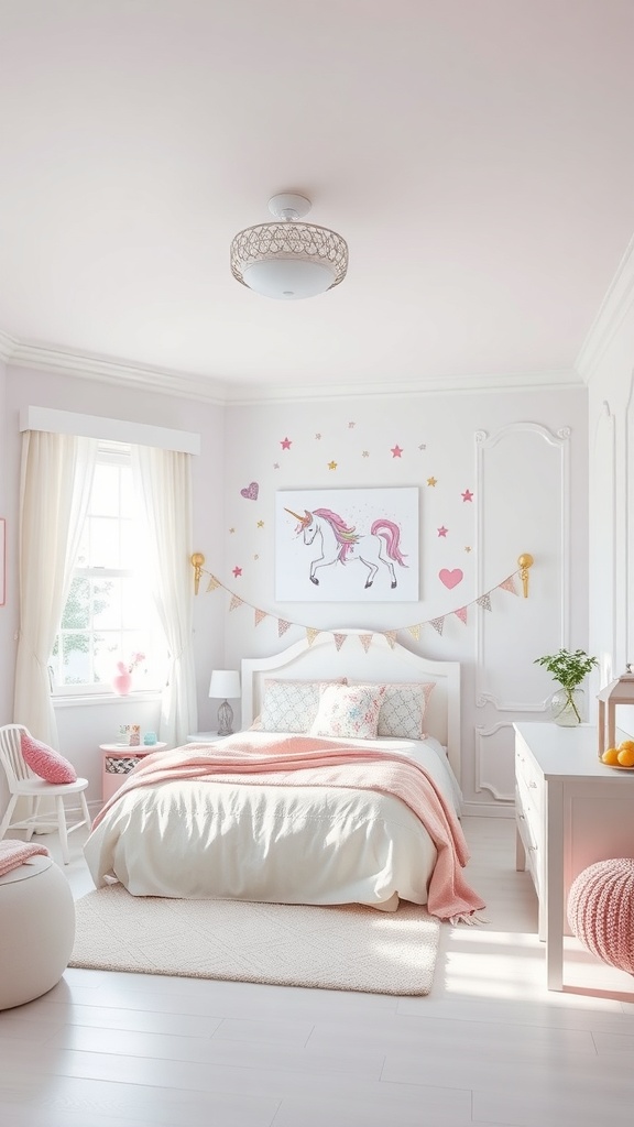 A cozy children's room featuring a unicorn theme with pink walls, a comfortable bed, and playful decorations.