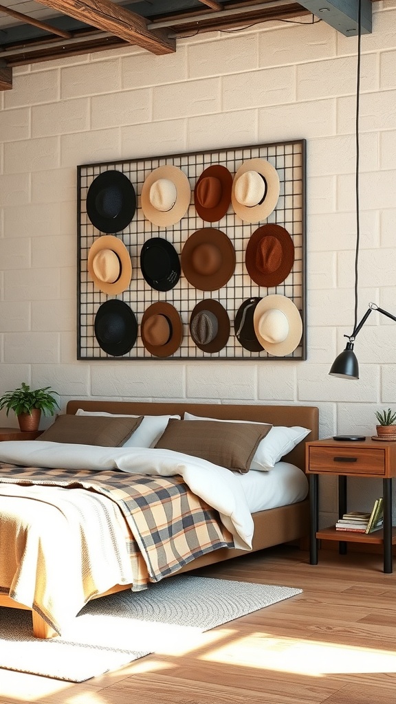 A wall-mounted grid displaying various hats in different colors and styles.