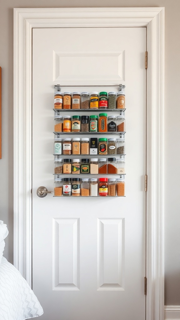 Magnetic spice rack mounted on a pantry door with various spice jars.