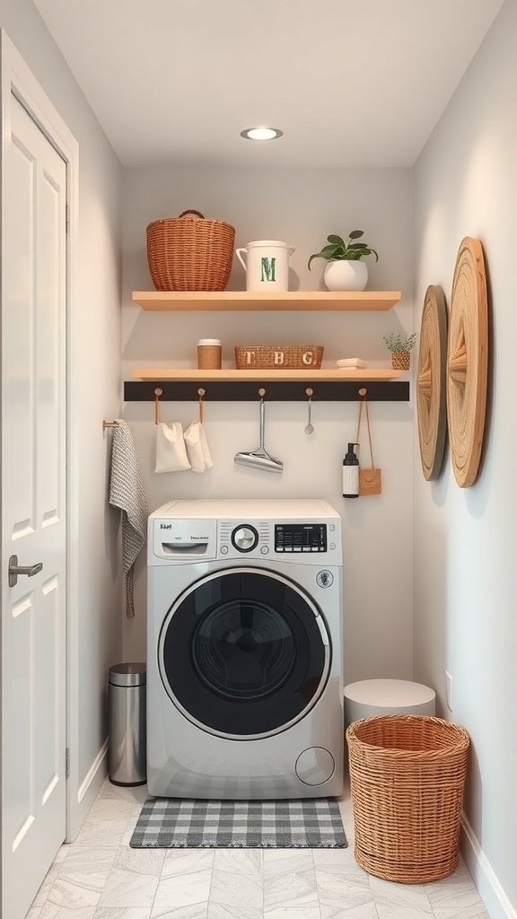 Narrow laundry room featuring a washer, magnetic strip for tools, shelves, and storage baskets.
