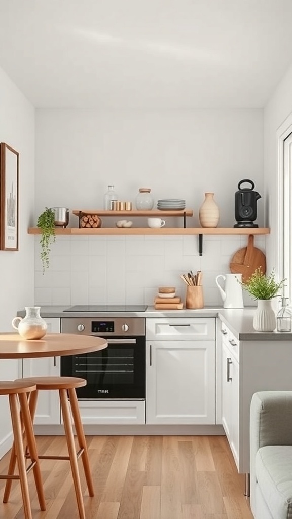 A small, modern kitchen featuring white cabinets, wooden shelves, and a compact dining table.