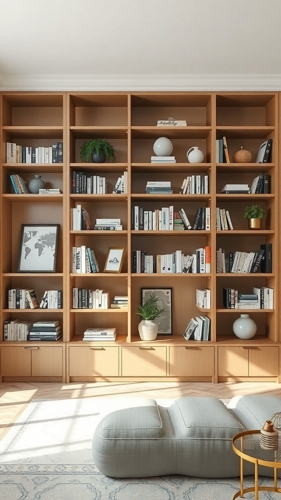A clean and organized bookshelf with partitions, displaying a mix of books, decorative items, and plants.