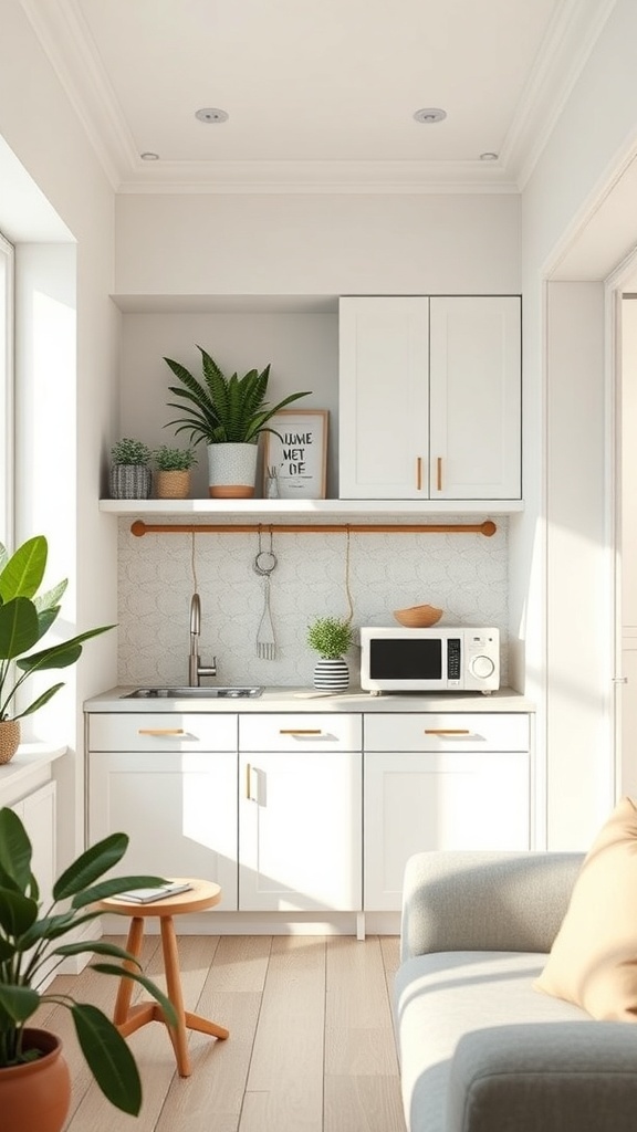 A bright and modern tiny kitchenette with white cabinets, a small sink, a microwave, and potted plants.