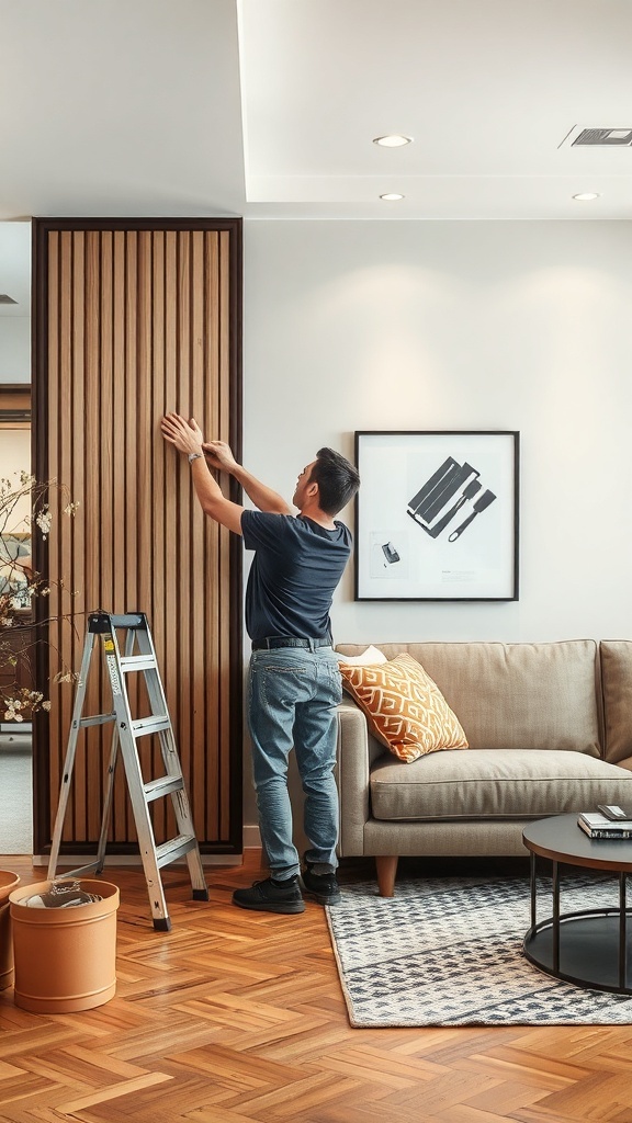 Person maintaining a wooden partition wall, demonstrating the importance of upkeep.