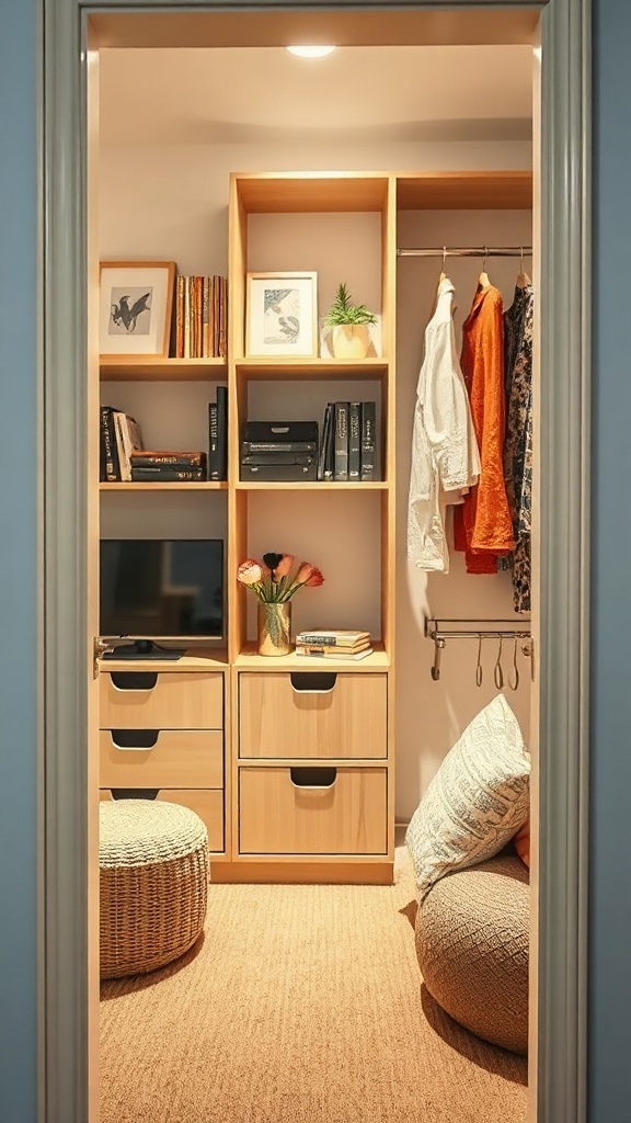 Cozy and organized tiny closet with shelves, hanging clothes, and poufs