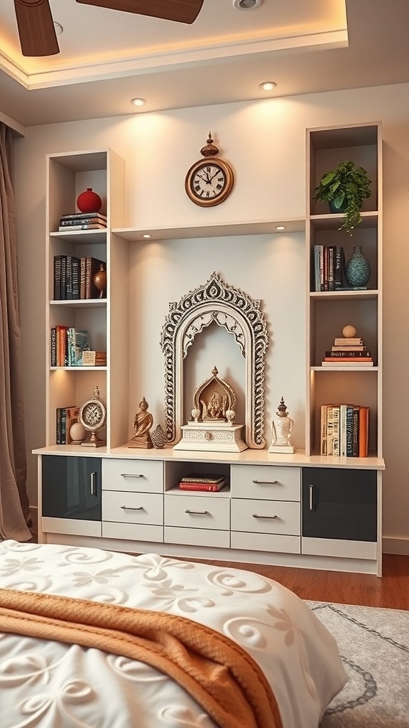 A shelf unit featuring a mandir with decorative items and books, illuminated by soft lighting.