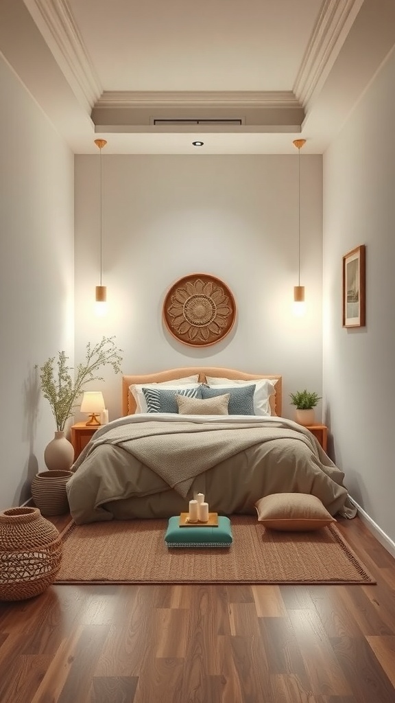 Cozy bedroom with a mandir nook, featuring warm lighting and natural materials.