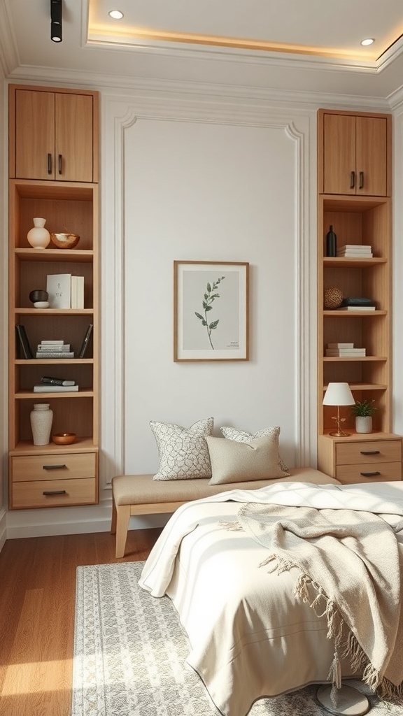 A cozy room with built-in shelves and a bed, showcasing a mandir setup with integrated storage solutions.
