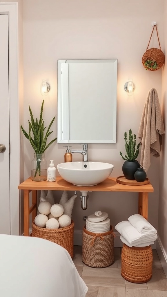 Rustic bathroom with mason jar storage solutions, wooden table, and woven baskets.