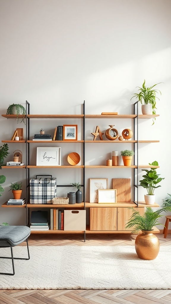 Stylish shelf partition with wooden shelves and metal frames, decorated with plants and decor items.