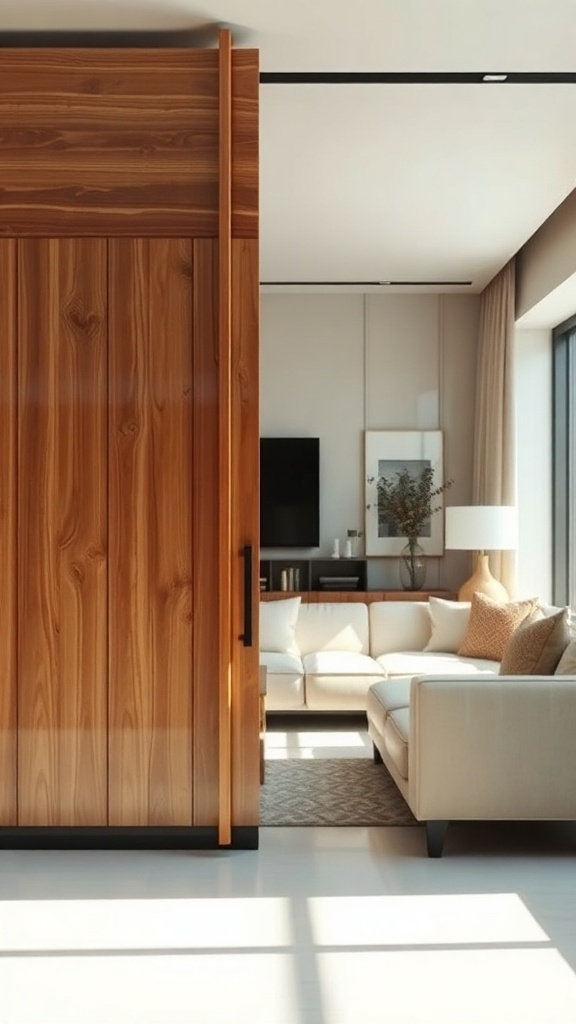 A wooden sliding partition separating a living space with light streaming in.