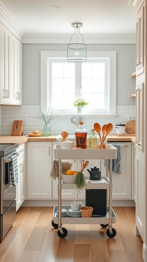 A kitchen with a rolling cart filled with kitchen essentials and a bright window.