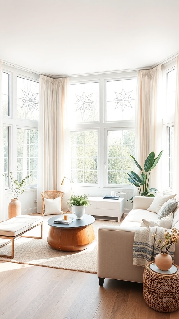 Bright living room with large windows, light curtains, and plants, showcasing natural light.