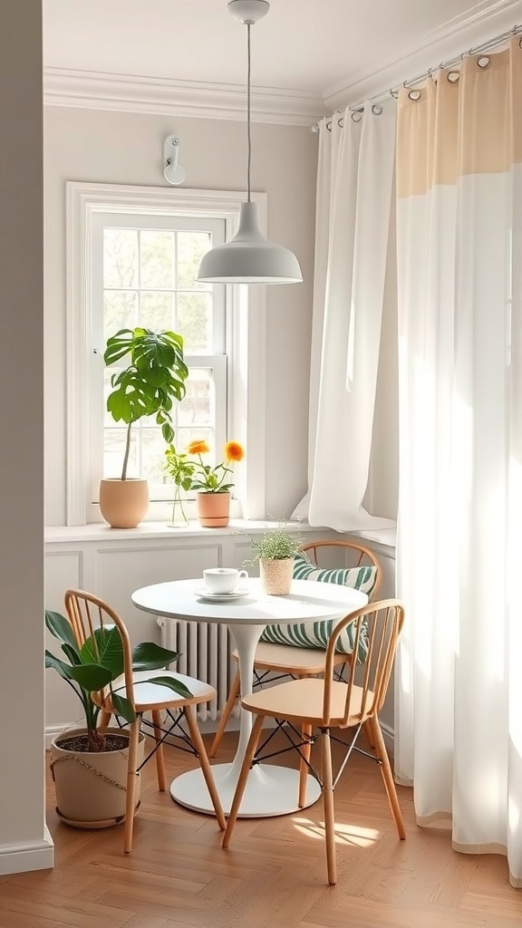 A bright breakfast nook with a round table, wooden chairs, and plants by a window.