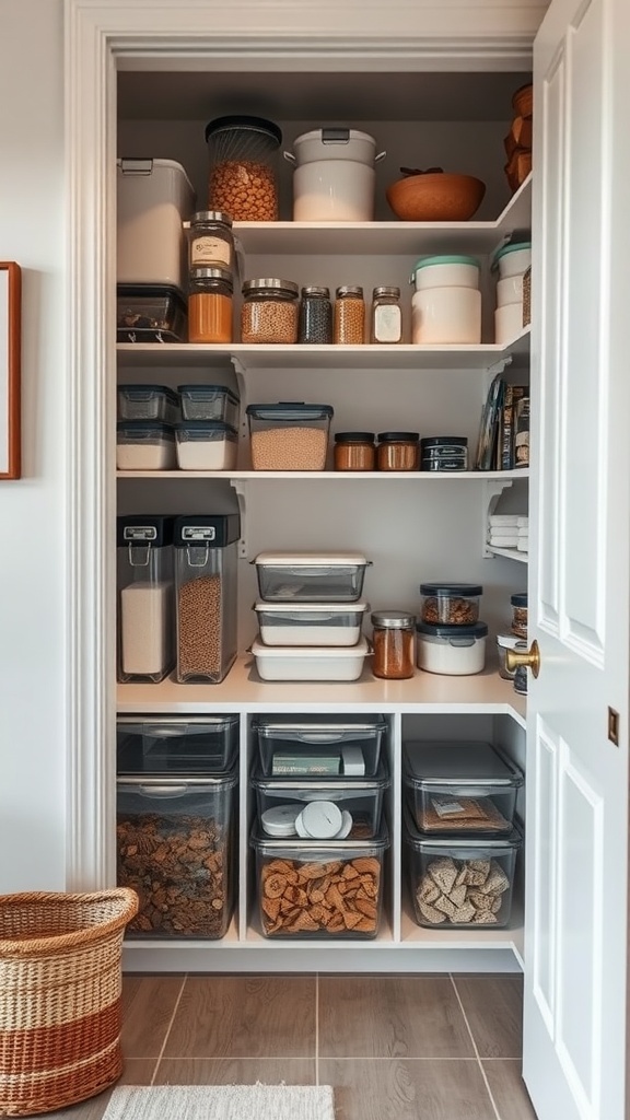 A well-organized pantry with clear containers and labeled jars on shelves.