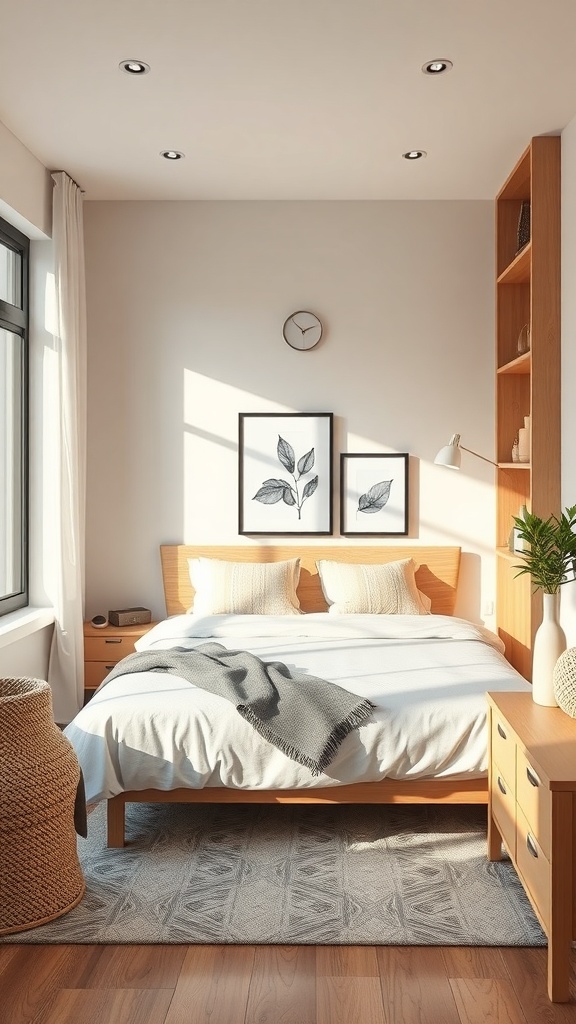 A cozy bedroom with a bed, artwork, and natural light.