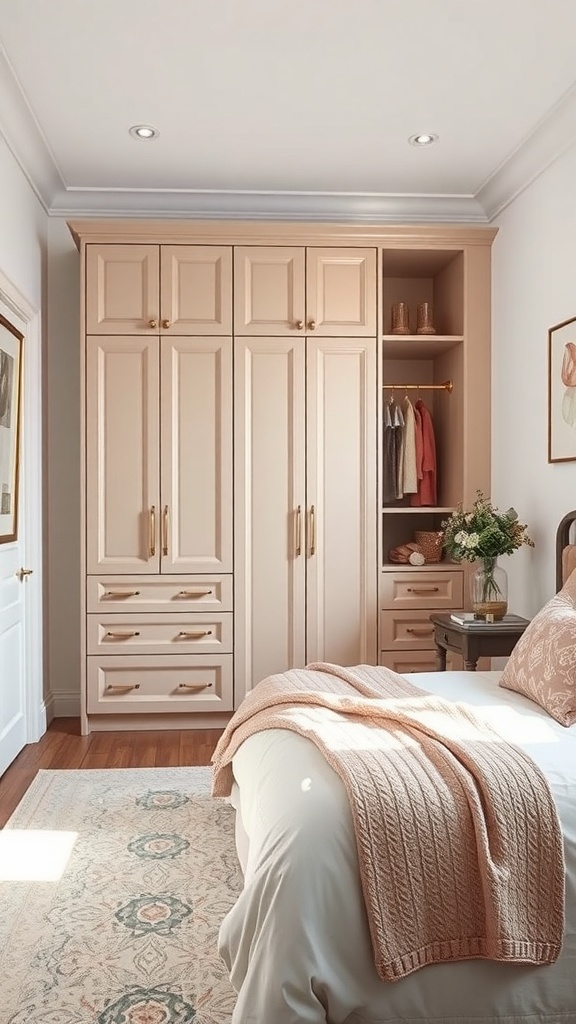 A stylish fitted wardrobe in a bedroom, featuring light-colored cabinetry and organized storage.