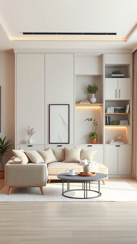 A cozy living room featuring a built-in storage partition with shelves and cabinets.