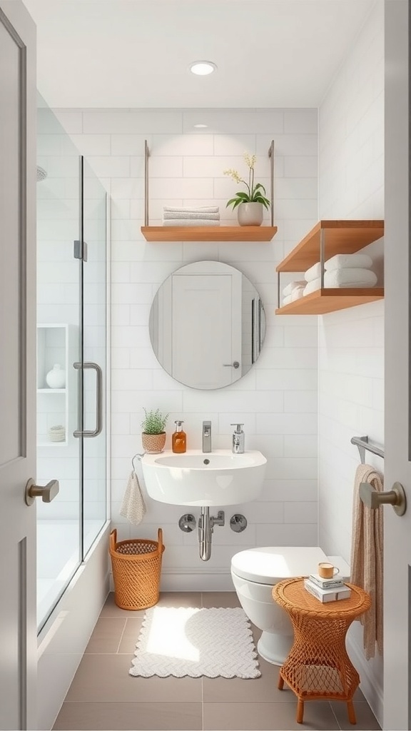 Small modern bathroom featuring smart storage solutions with floating shelves, wall-mounted sink, and decorative baskets.