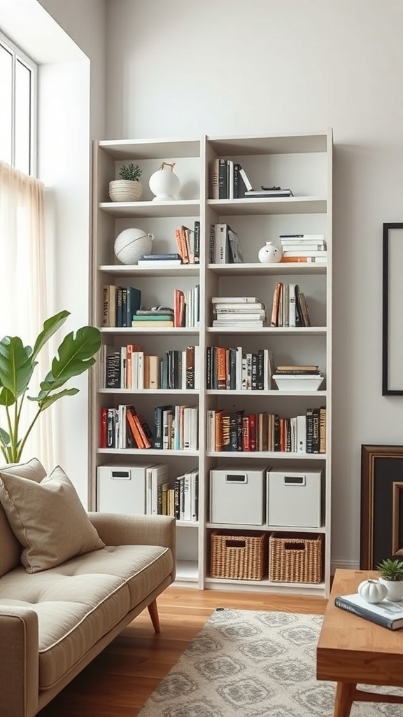 A tall bookshelf partition displaying books and decor, with storage boxes at the bottom.