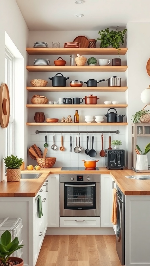 A stylish small kitchen with open shelves displaying cookware and plants.