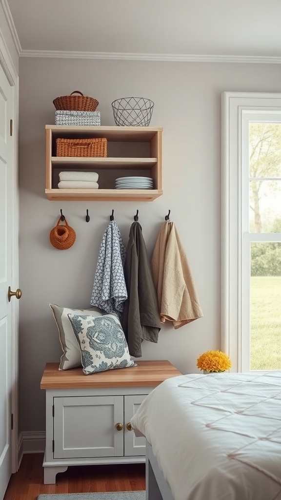 A small mudroom with a shelf, hooks for coats, and a storage bench.