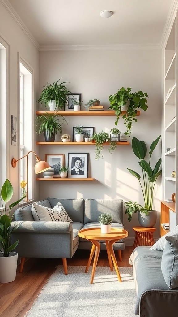 Cozy living room with plants and floating shelves creatively using vertical space.