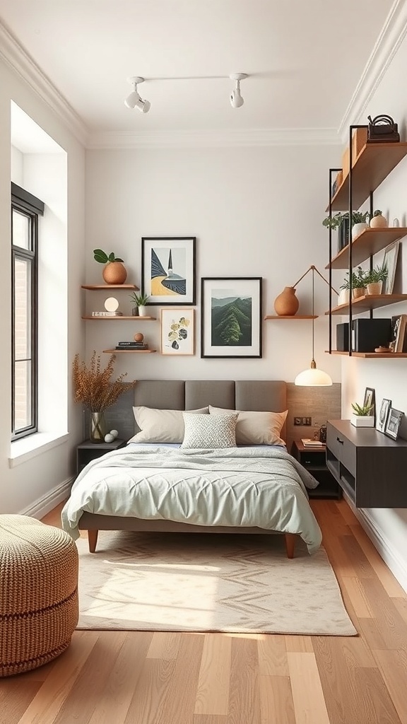 A cozy, modern tiny bedroom featuring wall-mounted shelves, a neatly made bed, and large windows