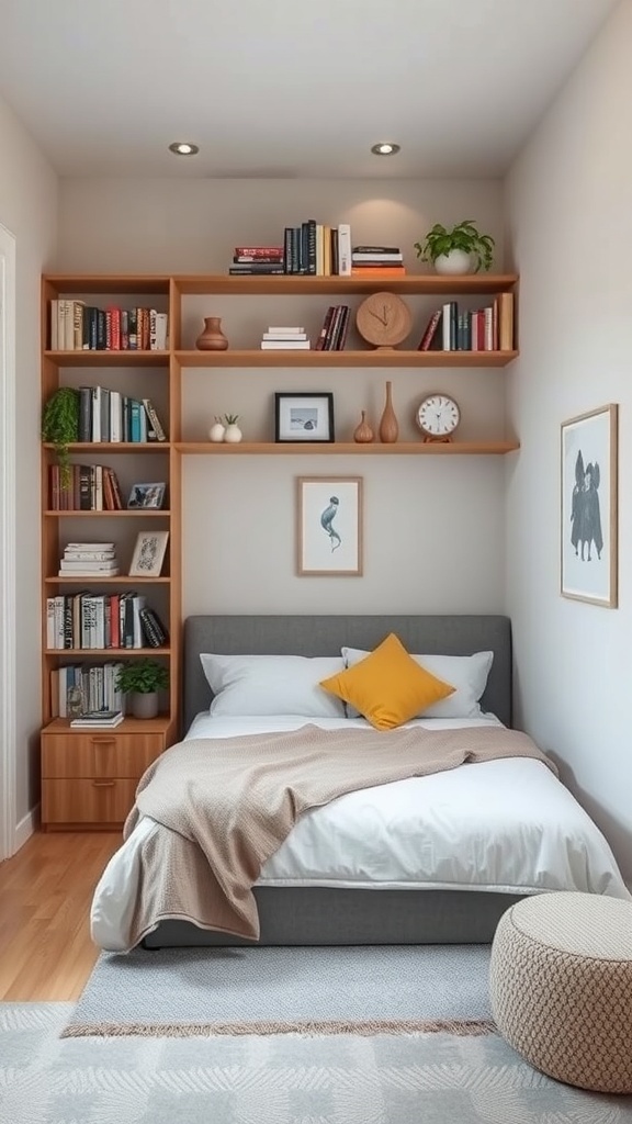 A small bedroom featuring vertical shelves filled with books and decor.