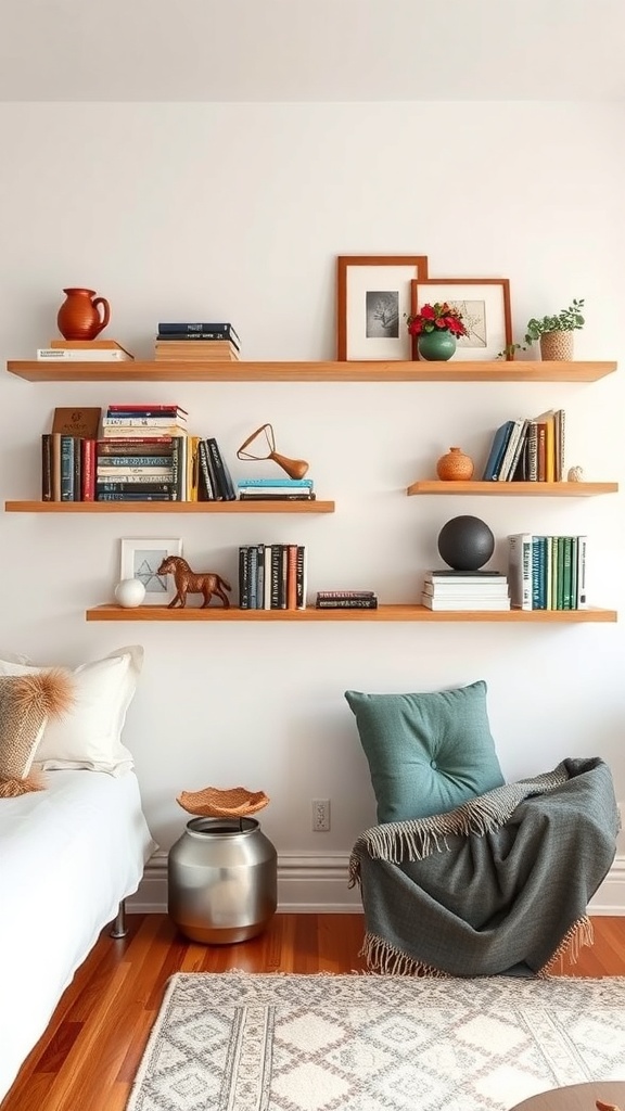 A cozy small guest bedroom featuring wooden shelves with books and decor items.