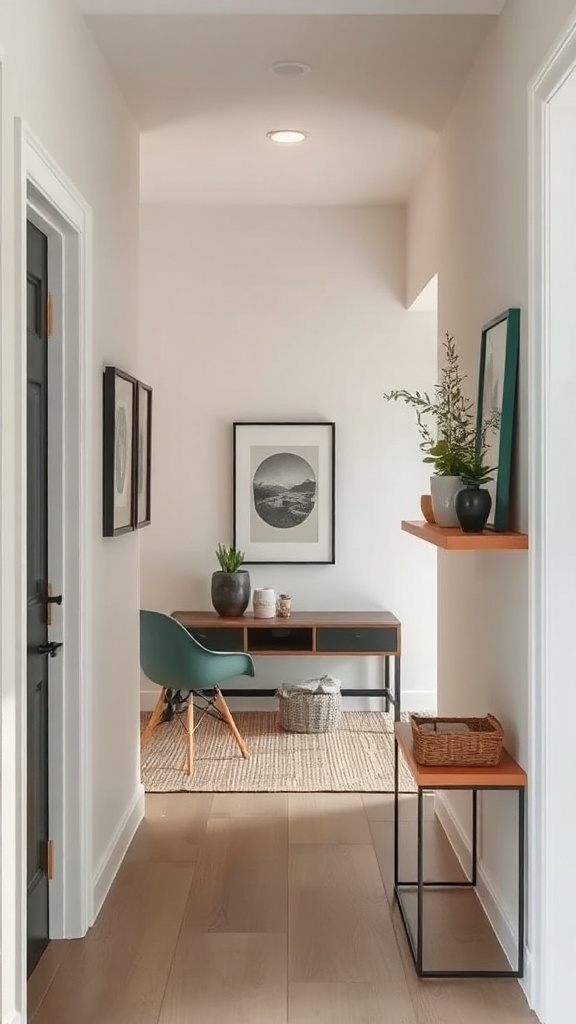 A narrow entryway with a desk and shelves, featuring plants and decor.