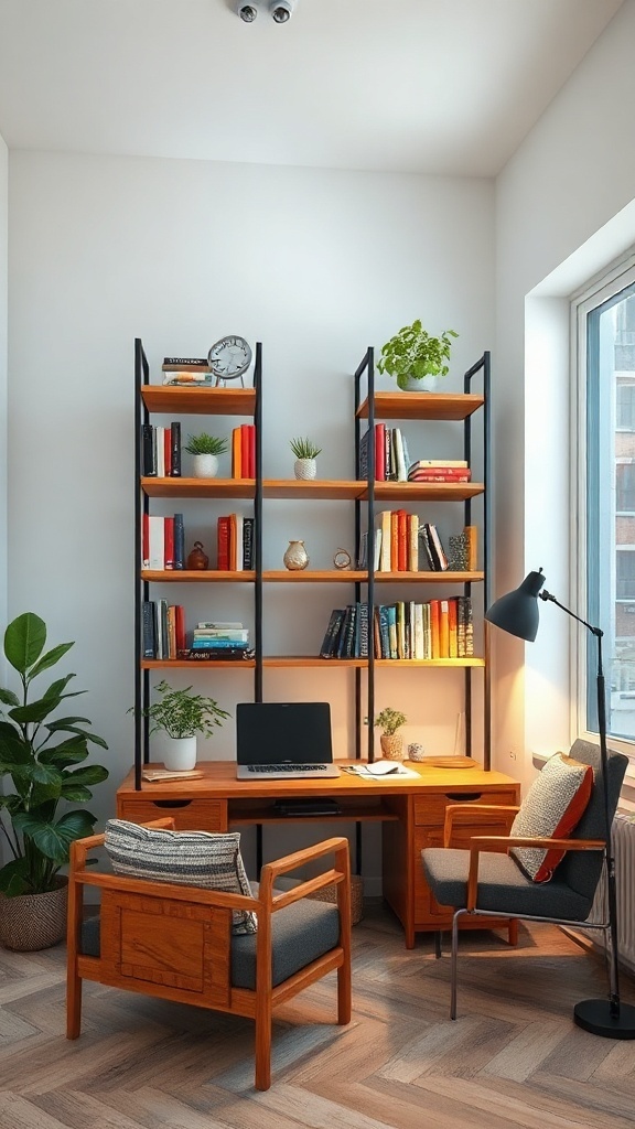A cozy small study room with wooden shelving, a desk, and plants.