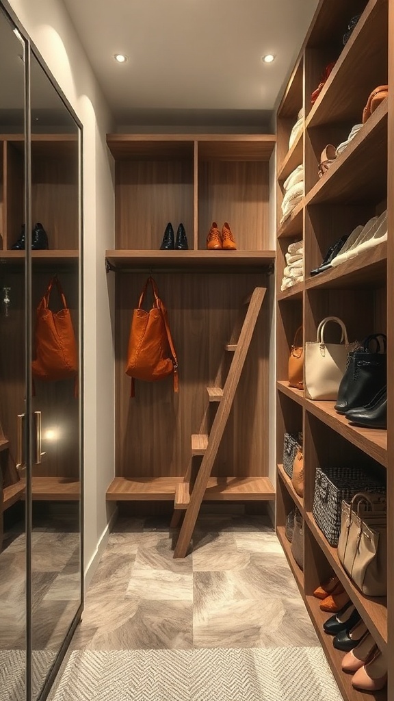 Narrow walk-in closet with wooden shelving and a small ladder.