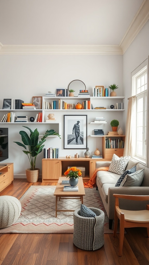 A modern small living room featuring open shelving with books, plants, and decor.