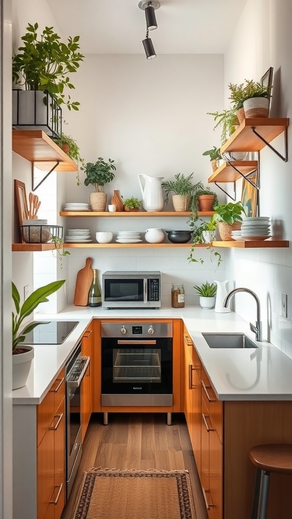 A narrow kitchen showcasing wooden floating shelves with potted plants and plates organized above the countertop.