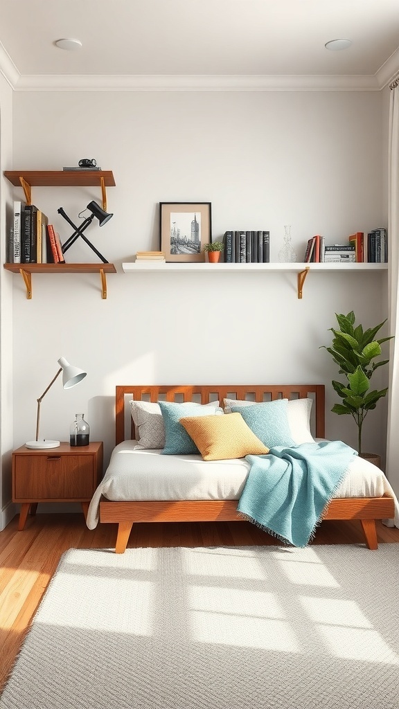 Small bedroom with wooden bed, shelves, and green plant