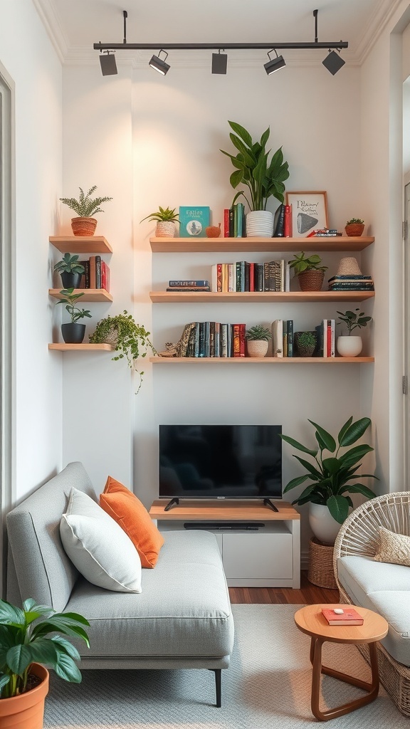 A cozy room featuring vertical shelving with plants, books, and decor items.