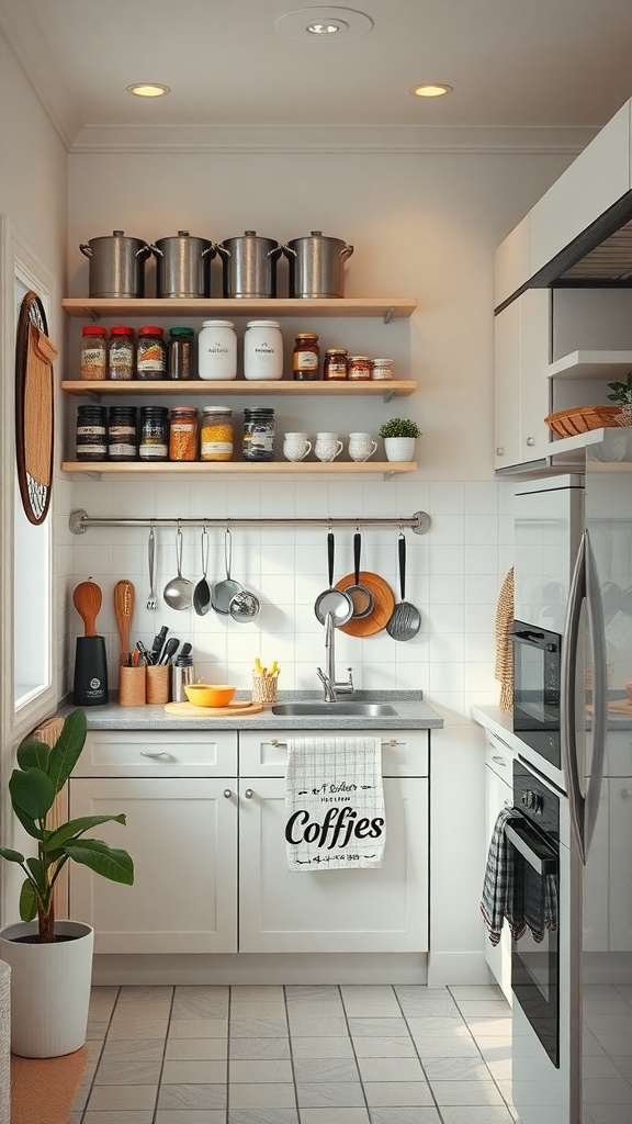 A small kitchen with shelves displaying pots, jars, and utensils.