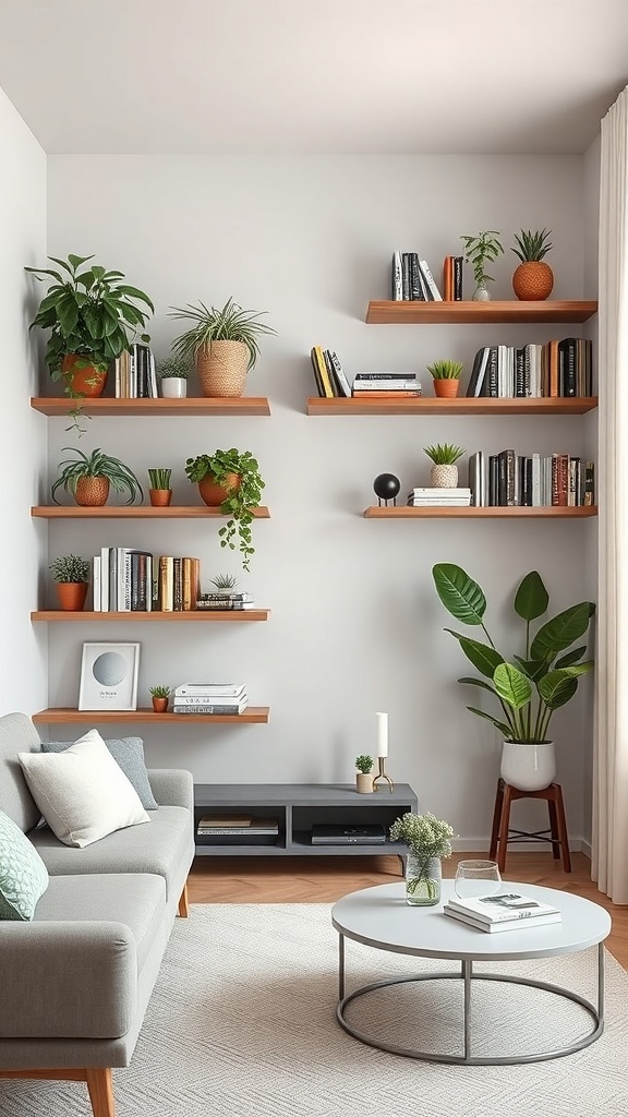 A cozy living room featuring wall-mounted wooden shelves filled with books and plants.
